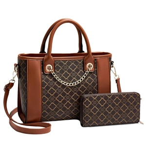 Fashion PU leather tote and wallet set with vintage floral print and gold chain