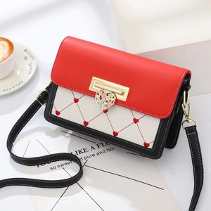 Elegante borsa a tracolla quadrata rossa e bianca con ricamo a cuore e chiusura oro