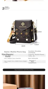 Detail view of brown crossbody phone bag showing dimensions and cute calf charm detail