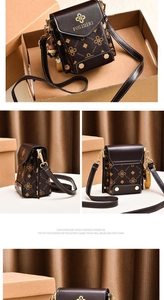 Detailed views of a mini brown monogram crossbody phone bag with a bear charm accessory