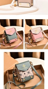 Detailed view of mini vertical crossbody phone bags in three trendy color combinations