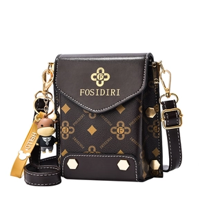 Vertical brown leather mini crossbody phone bag with vintage pattern and gold rivets