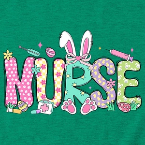Detail of artistic Nurse print with Easter bunny elements on green textured fabric