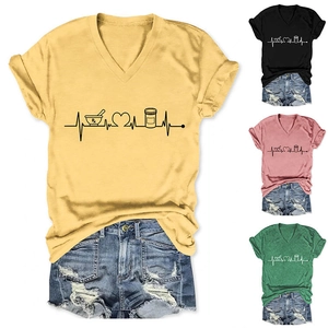 Detail of creative medical Rx print and heart EKG on V-neck cotton short sleeve T-shirts
