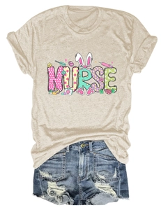 Detail of Easter Nurse T-shirt showing rabbit ears, syringe and floral letters on fabric