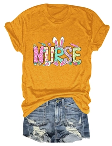 Flat lay of yellow Nurse t-shirt with bunny ears and distressed blue denim shorts