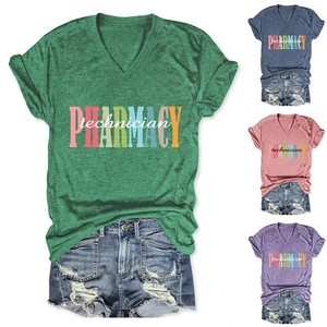 Detail view of Pharmacy Technician V-neck tees in green, navy, pink, and purple colors