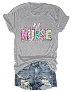 Detailed view of gray Nurse T-shirt with festive Easter bunny ears and rainbow graphics