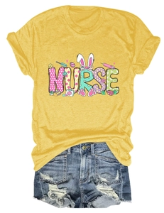 Detail view of ginger yellow T-shirt with Nurse rabbit print and distressed denim shorts