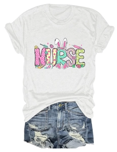 Detail of white cotton Nurse t-shirt with Easter bunny print and ripped denim shorts