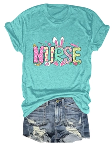 Detailed view of Nurse Easter bunny graphic print on mint green short sleeve t-shirt