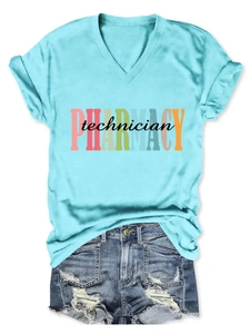 Detailed view of Light Blue V-neck T-shirt featuring PHARMACY technician graphic print