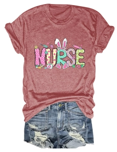 Flat lay of Easter Nurse t-shirt in brick red with distressed ripped denim shorts set