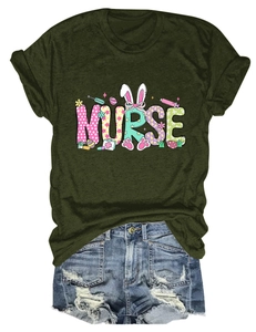 Detail of green Nurse T-shirt with Easter rabbit graphic and distressed denim shorts