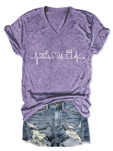 Detail of purple V-neck medical theme T-shirt with Rx mortar and heartbeat graphic