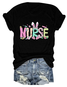 Detail of black cotton T-shirt featuring artistic Nurse text with Easter bunny ears design