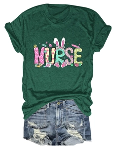 Detail of dark green Nurse T-shirt with Easter bunny print and blue denim shorts