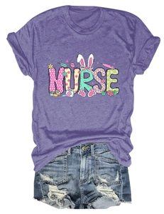 Detail of purple Easter Nurse T-shirt with bunny ears print and denim shorts outfit