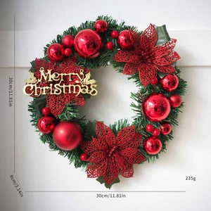 30cm Christmas wreath with red ornaments and Merry Christmas sign for holiday door decoration