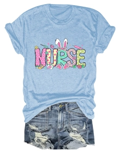 Close-up of Easter Nurse themed graphics on a light blue short sleeve t-shirt
