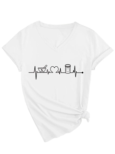Detailed view of medicine-themed print and V-neckline on white short sleeve T-shirt