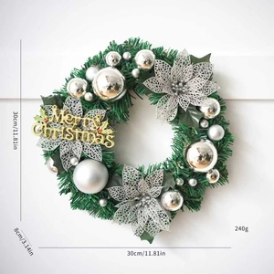 Detailed dimensions of 30cm Christmas wreath with pine needles, silver balls, and gold sign