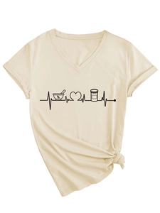 Detail of V-neck beige T-shirt with Rx pharmacist EKG heart print and side knot design