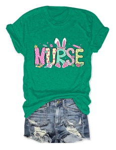Close-up of nurse bunny graphic print on green crew neck T-shirt for Easter
