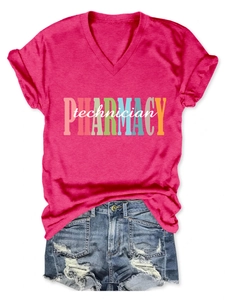 Detail of V-neck pharmacy technician t-shirt in rose pink with casual denim shorts