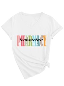 Detail of V-neck white pharmacy technician T-shirt with creative print and hem knot