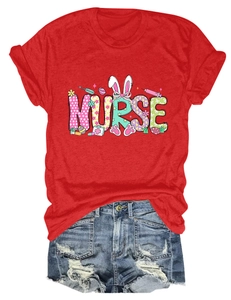 Detail of red cotton T-shirt featuring a festive nurse rabbit print and denim shorts