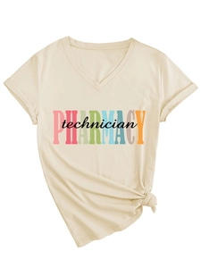 Detail of V-neck pharmacy technician t-shirt featuring front print and stylish hem knot