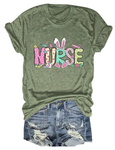 Detail of army green Nurse T-shirt with Easter bunny graphics and denim shorts
