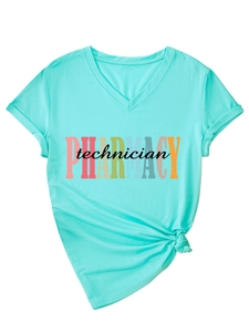Detail of light blue V-neck T-shirt featuring pharmacy technician print and knotted hem