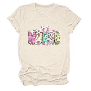 Detail of Nurse graphic with Easter eggs and medical icons on a soft beige T-shirt