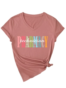 Detail of V-neck dusty pink Pharmacy Technician T-shirt with cuffed sleeves and side knot
