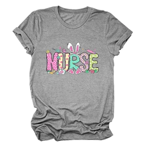 Detailed view of grey Nurse T-shirt featuring Easter bunny and medical tool graphics