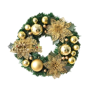 30cm Christmas wreath with pine needles, golden ornaments, and Merry Christmas sign