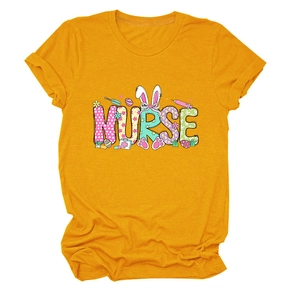 Detailed flat lay of ginger nurse t-shirt with bunny ears and Easter graphic design