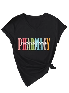 Detail of V-neck pharmacy technician black cotton tee with colorful typography and knot