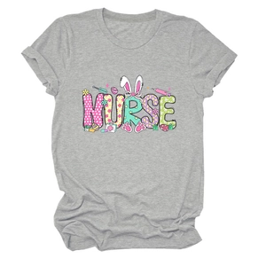 Close-up of Easter Nurse graphic print on grey cotton t-shirt with bunny ears and floral icons