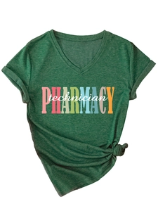 Detail of green V-neck pharmacy technician T-shirt with stylish front knot hem design
