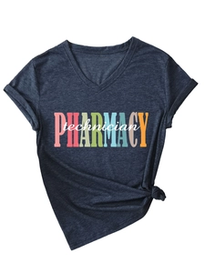 Detail of V-neck t-shirt with technician pharmacy print and decorative front knot