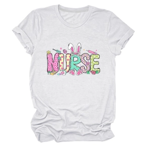 Close-up of Easter Nurse print with bunny ears and colorful eggs on white cotton T-shirt