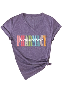 Detail of V-neck pharmacy technician purple t-shirt with side knot and printed logo