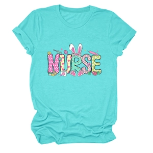Teal Easter nurse t-shirt detailing rabbit ears, eggs, and medical icons on soft fabric