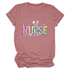 Detail view of mauve Easter Nurse T-shirt with bunny ears and colorful medical icons