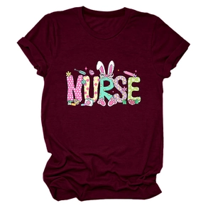 Detail of burgundy T-shirt showing NURSE graphic with bunny ears and medical symbols