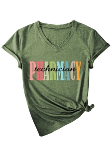Detail of V-neck pharmacy technician shirt in dark green with side knot and print