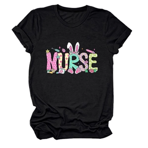 Detail view of Nurse typography print with bunny ears and medical icons on black t-shirt